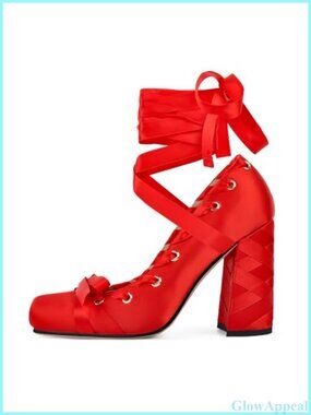 Chunky Ribbon Lace Up High Heel Pumps Satin Square Toe Heels
